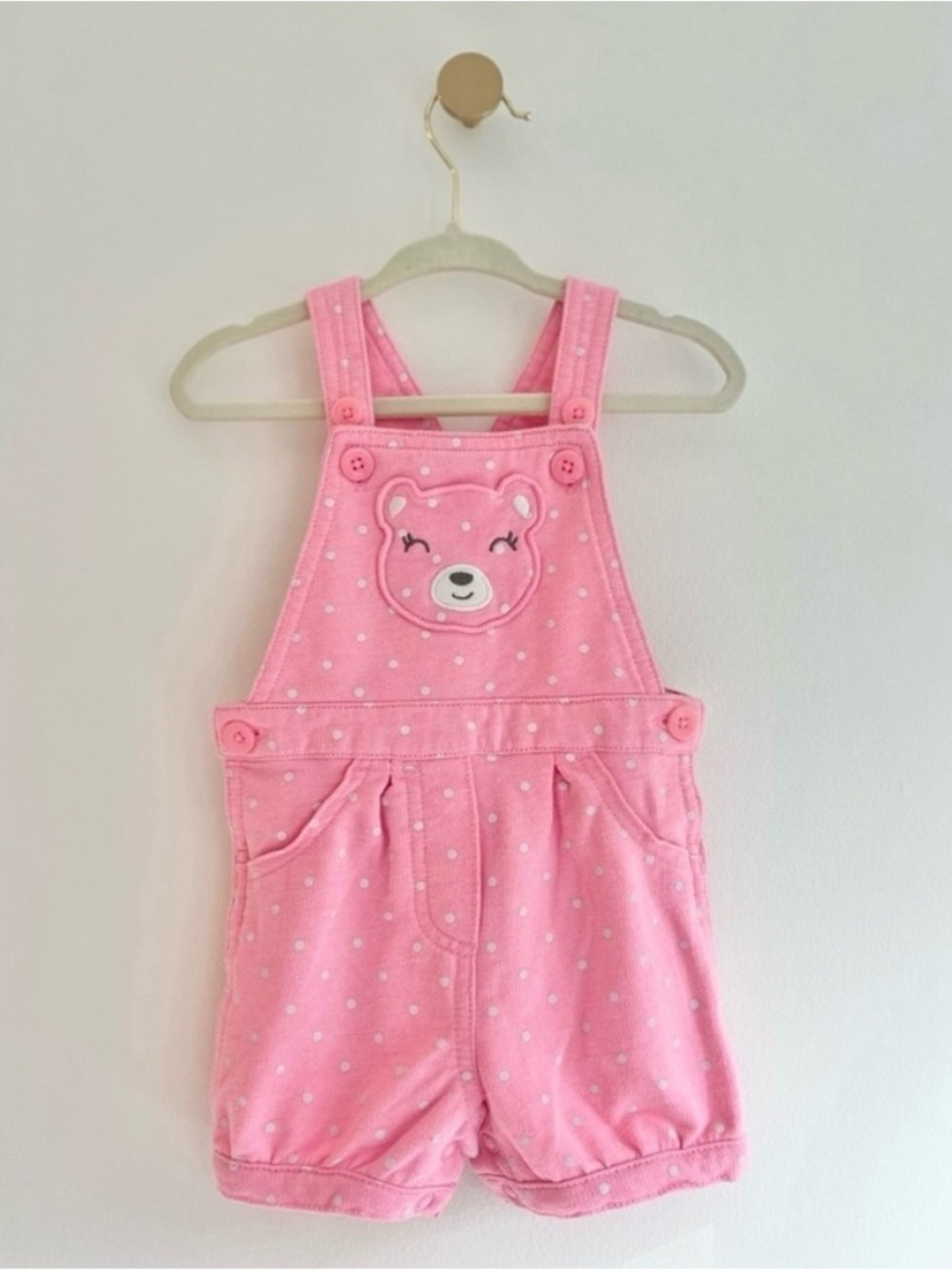 Carter's Baby Girl Pink Bear Overalls with White Polka Dots Size 12 Months